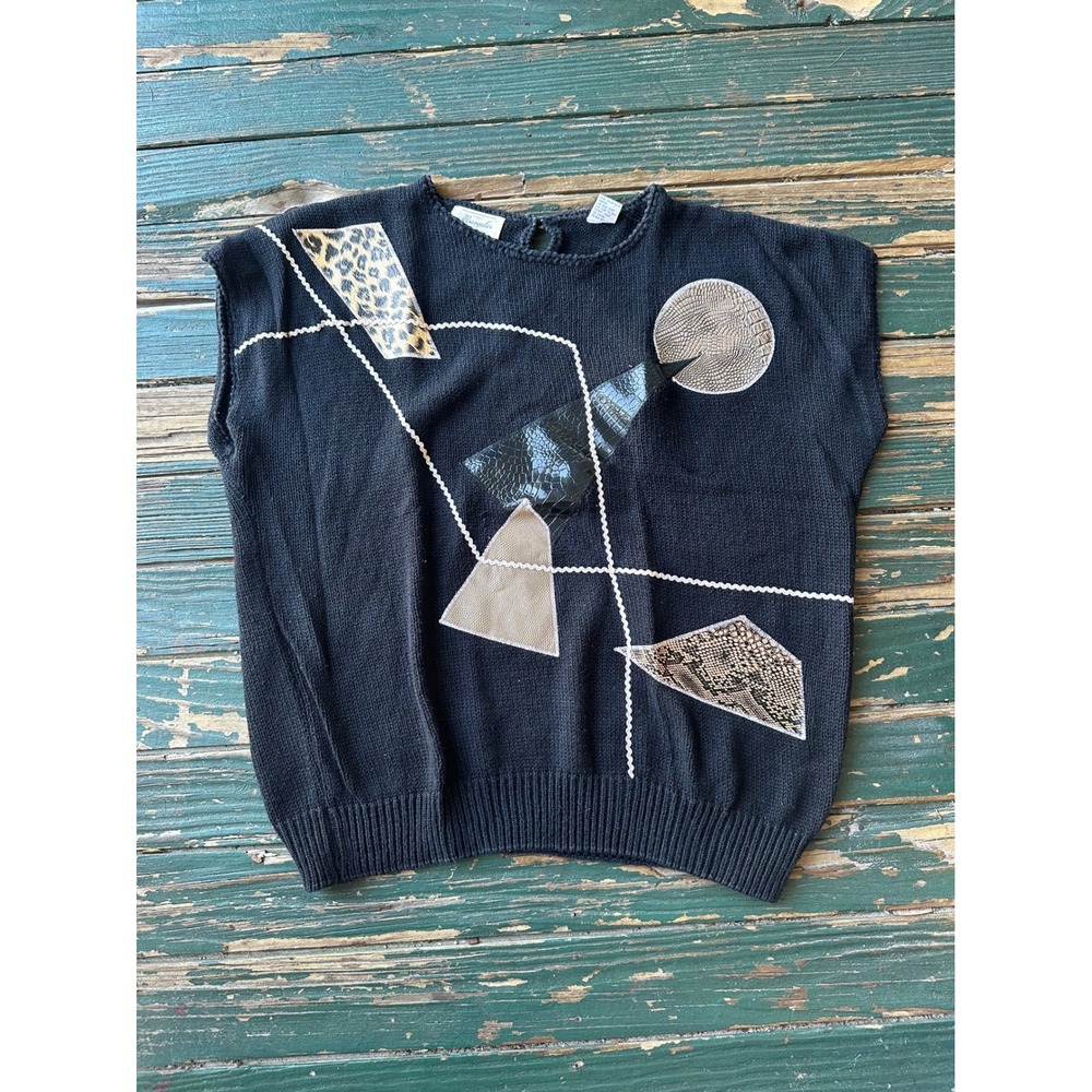 Vintage Margules Black Knit Sweater Vest Geometric Animal Print Mixed Media M